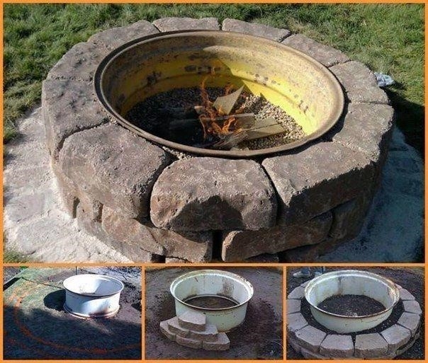 Кострище из стального колесного диска и камней